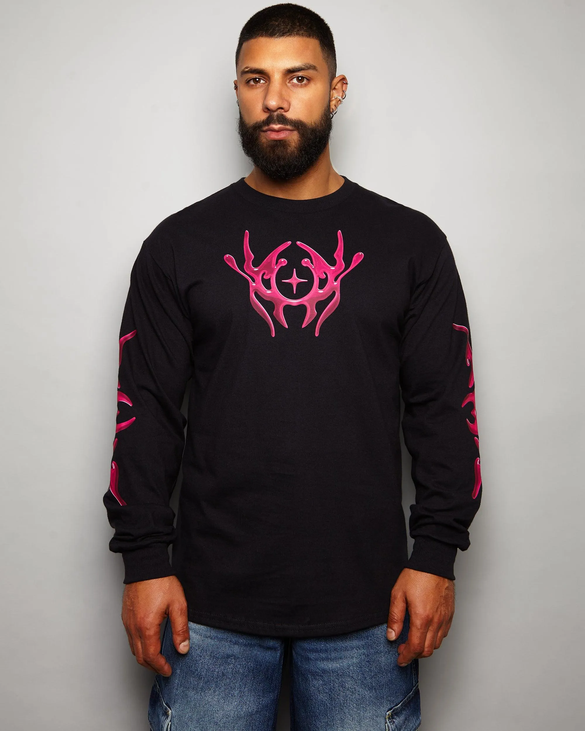 NXS007: Metallic pink style print on black long sleeve tee