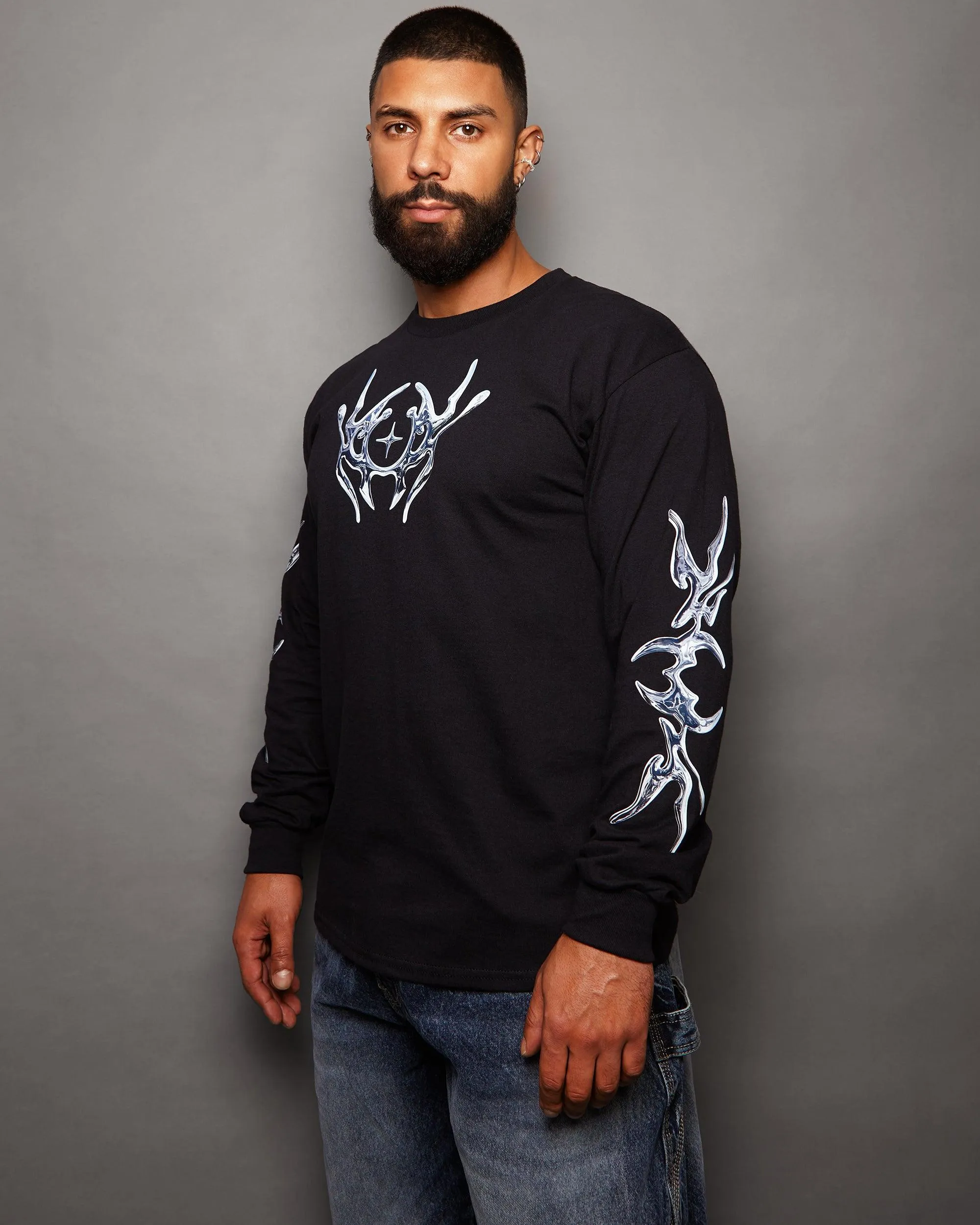 NXS009: Silver style print on black long sleeve tee