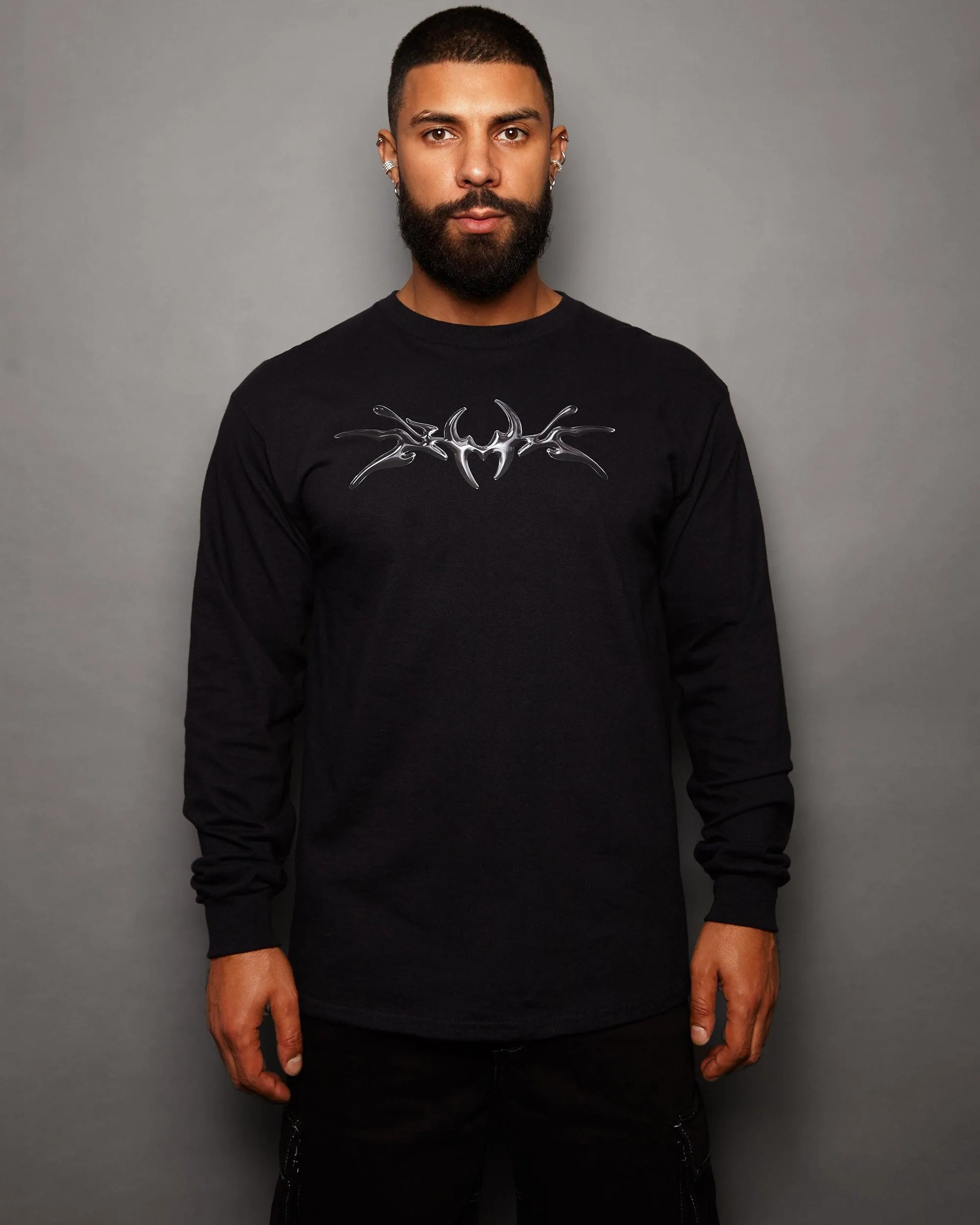 NXS010: Gunmetal style print on black long sleeve tee