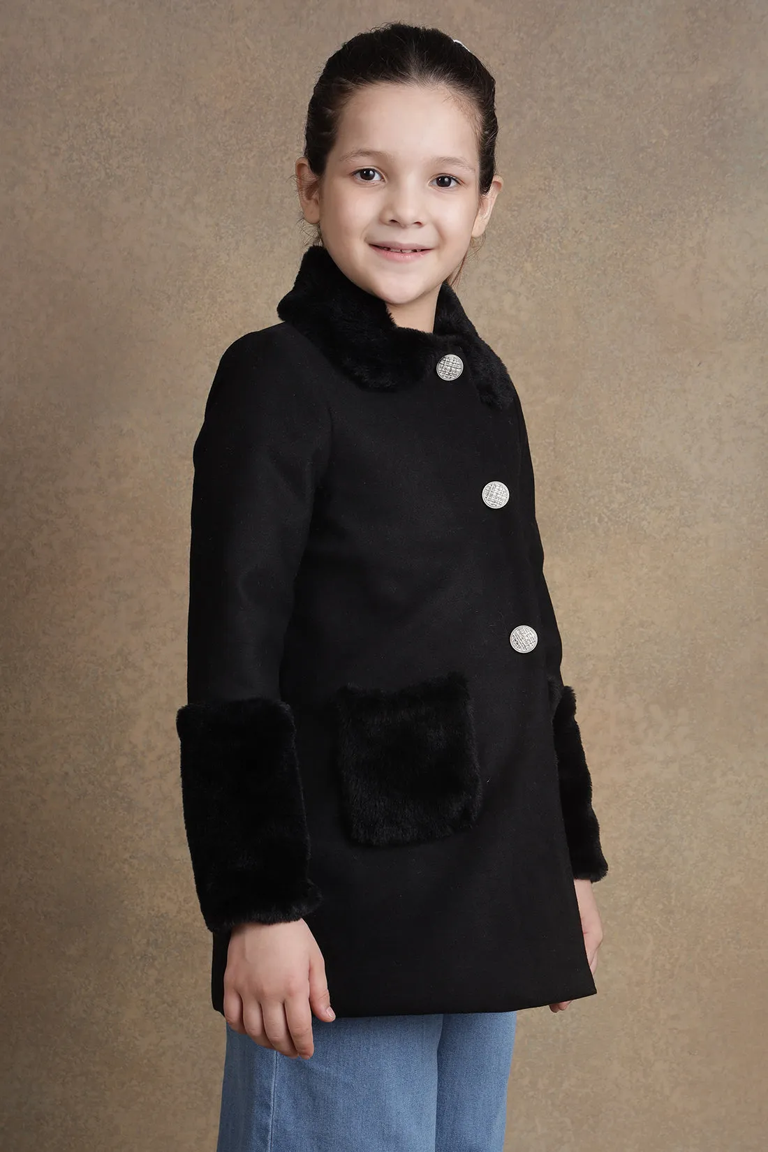 One Friday Kids Girls Black Solid Overcoat