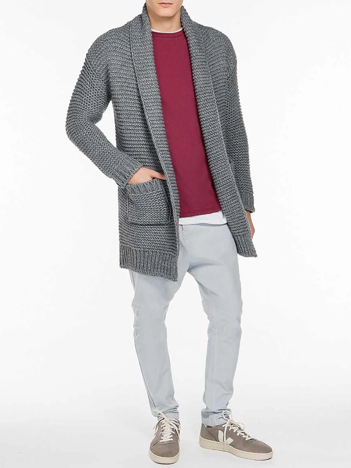 Oversized Shawl Collar Wool Blend Cardigan Grey