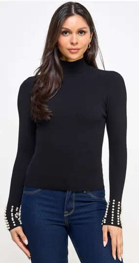 Pearl Cuff Mock Neck Sweater Top