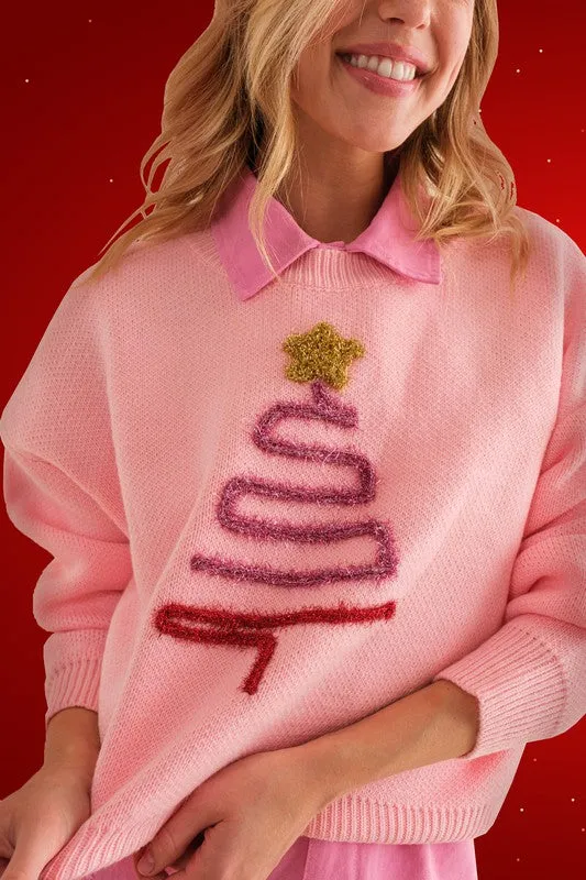 Pink Christmas Tree Sparkle Sweater