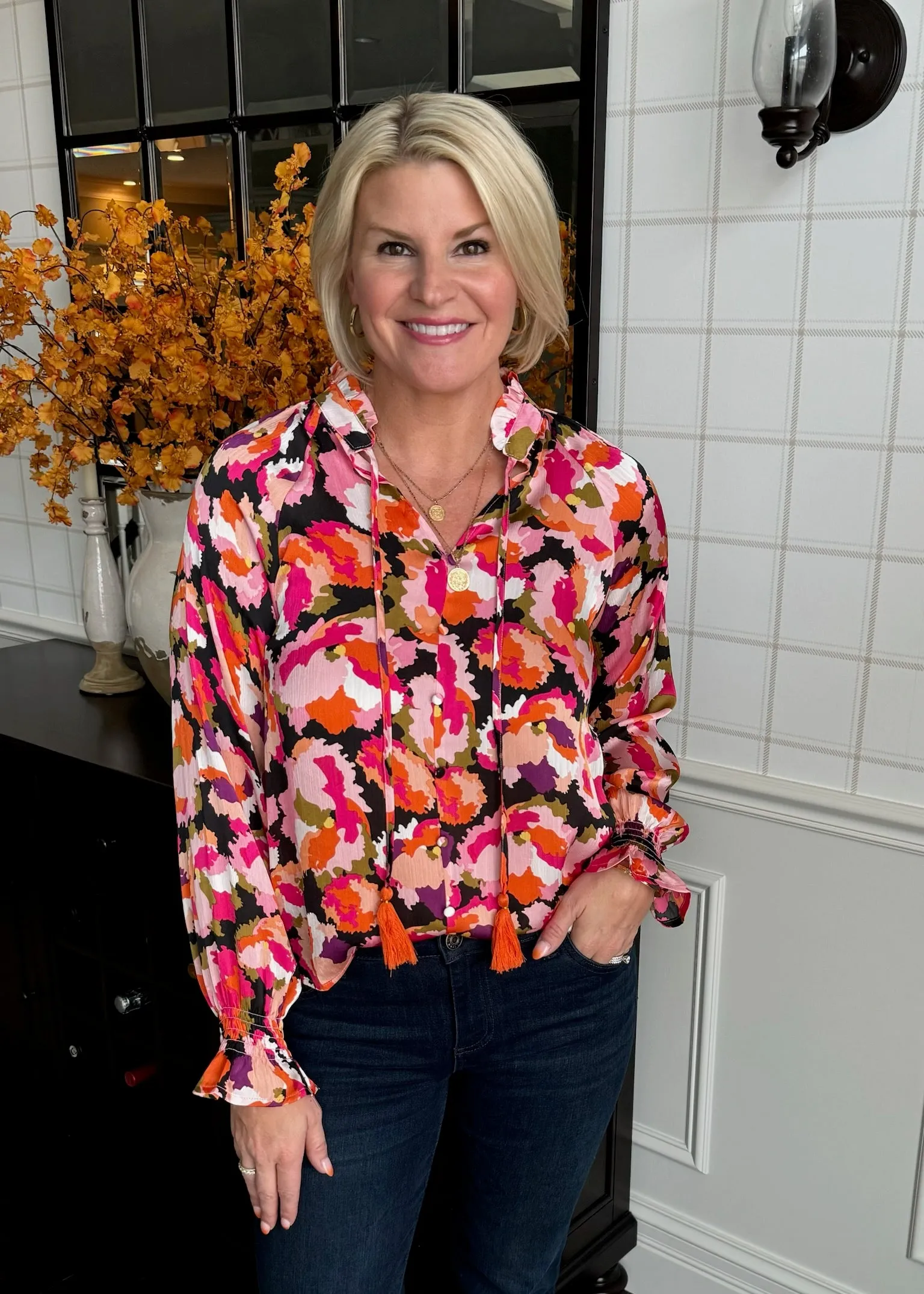 Pink Long Sleeve Fall Floral Top