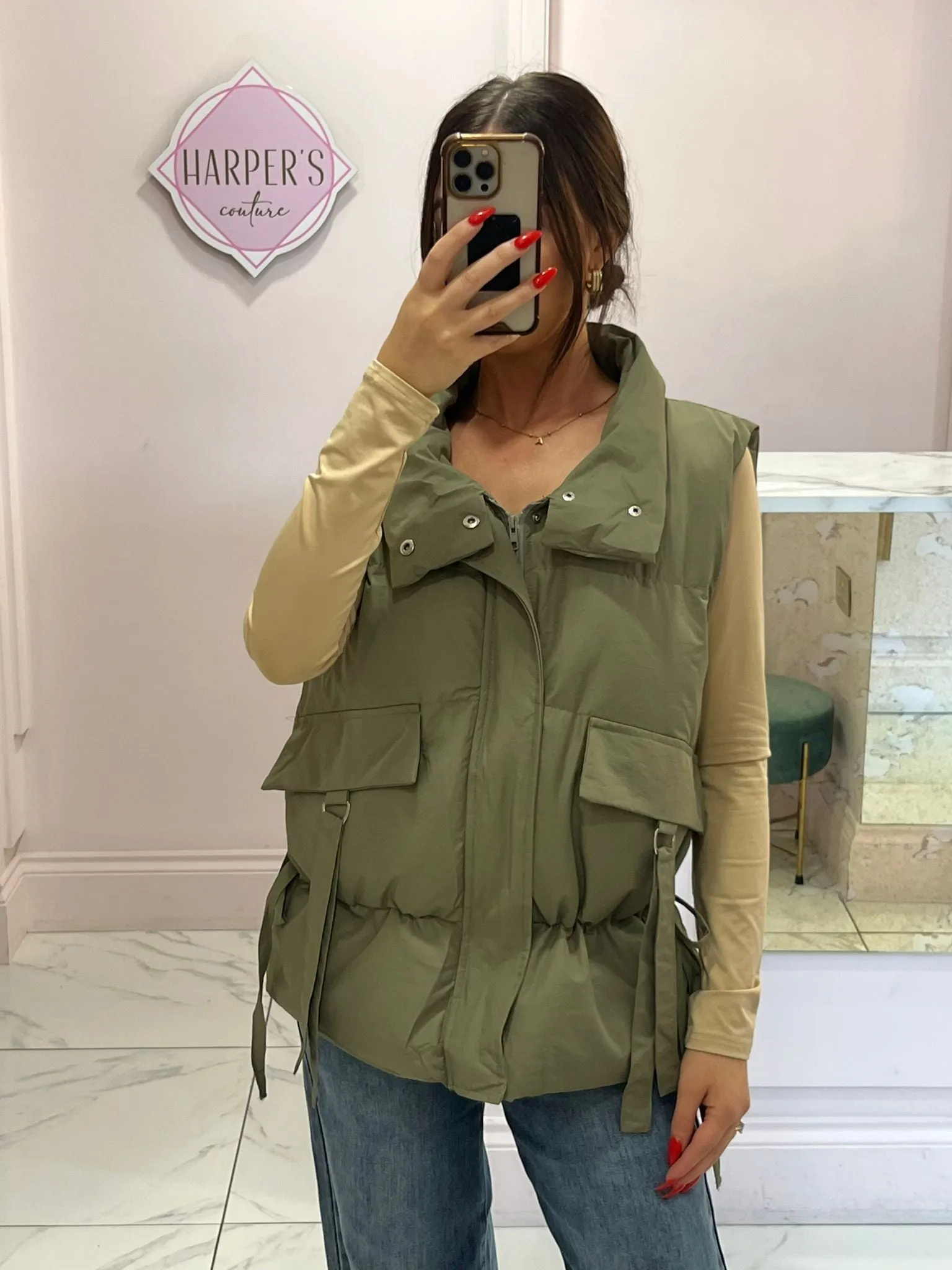 Piper Khaki Cargo Style Padded Gilet