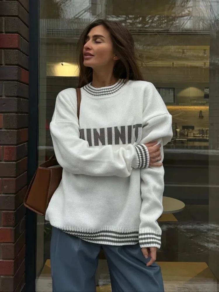 Printed Striped Cozy Stylish Loose Round Neck Comfortable Warm Trendy Autumn Sweater