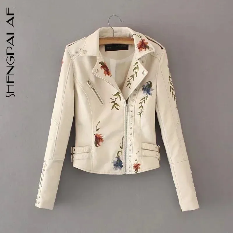 PU Leather Embroidered Rivet Coat Biker Streetwear Zipper Overcoat Women's Jackets Spring Clothes