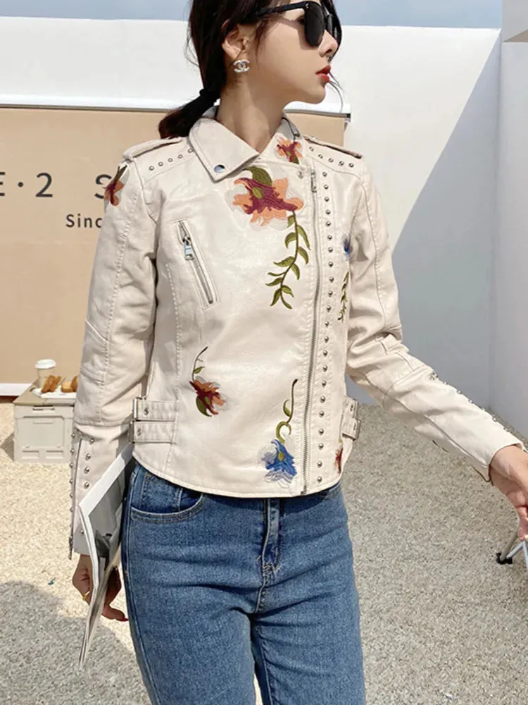 PU Leather Embroidered Rivet Coat Biker Streetwear Zipper Overcoat Women's Jackets Spring Clothes