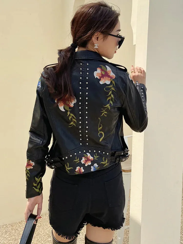 PU Leather Embroidered Rivet Coat Biker Streetwear Zipper Overcoat Women's Jackets Spring Clothes