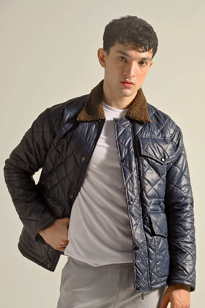 Quilted Puffer Jacket - Navy Blue