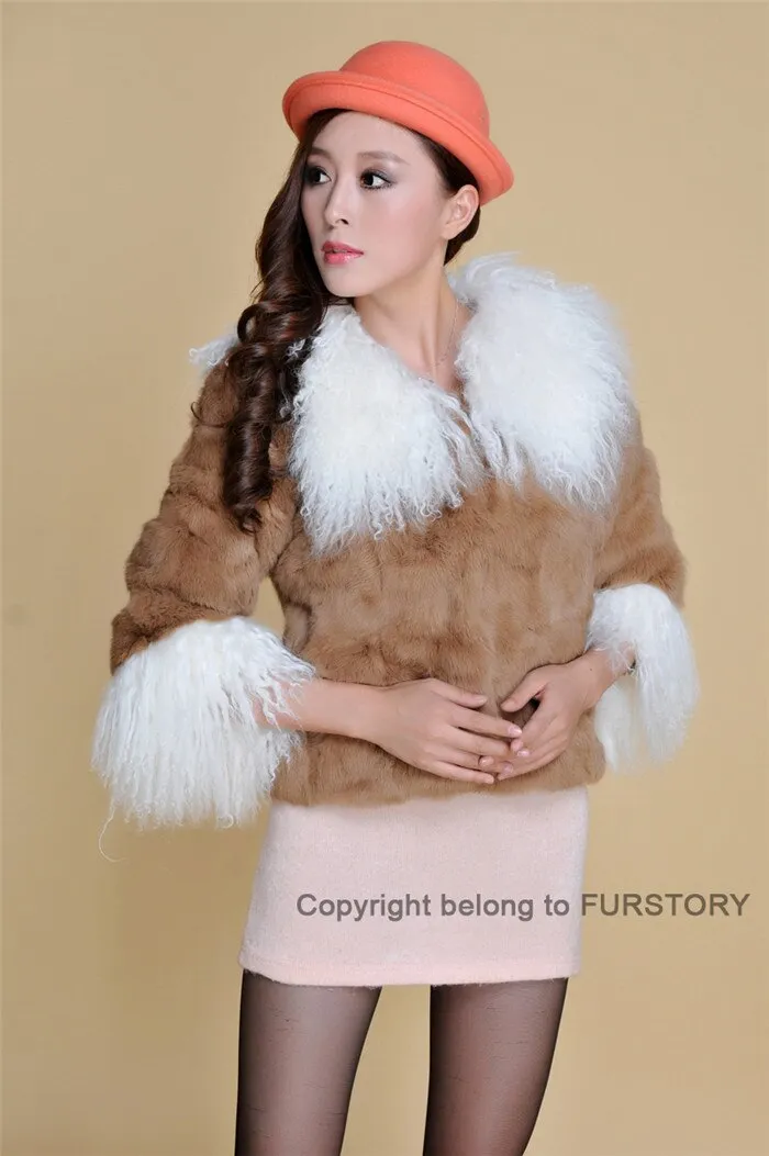 Real Rabbit fur coat fox fur collar and cuff jacket overcoat womens' garment winter coat FS13066