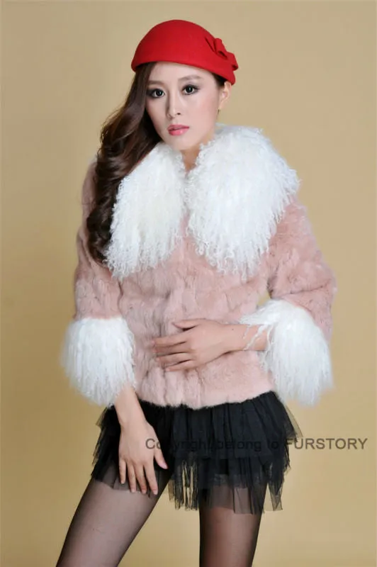 Real Rabbit fur coat fox fur collar and cuff jacket overcoat womens' garment winter coat FS13066