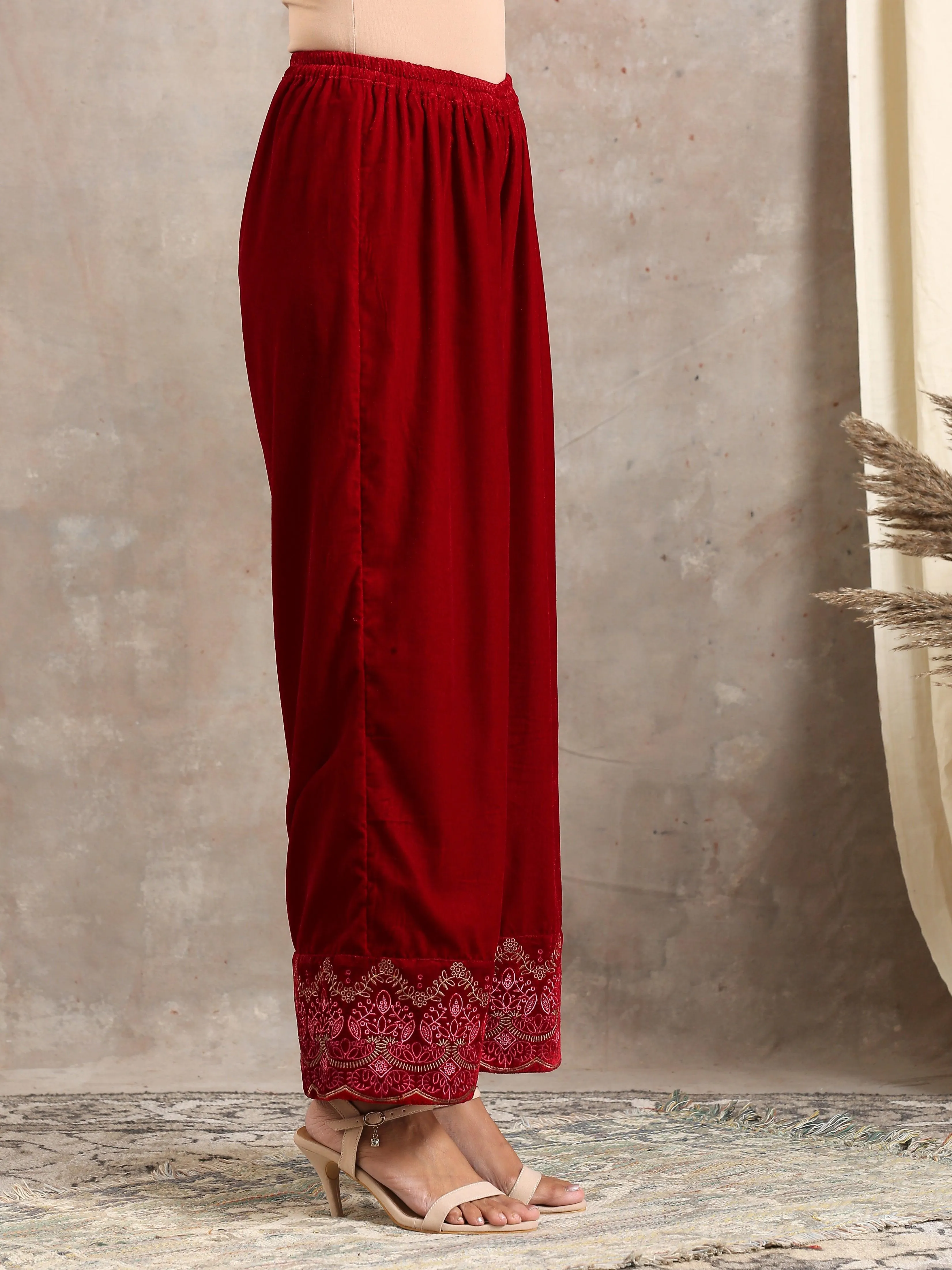 Red Velvet Embroidered Pant