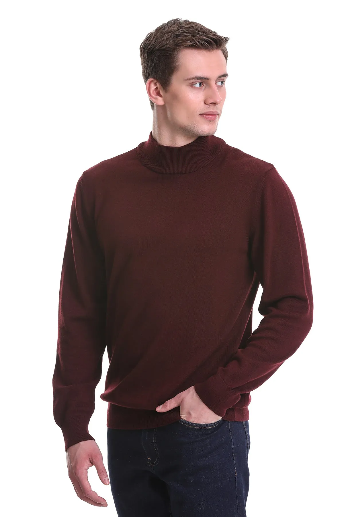 Regular Fit Burgundy Cotton Blend Mock Neck Sweater