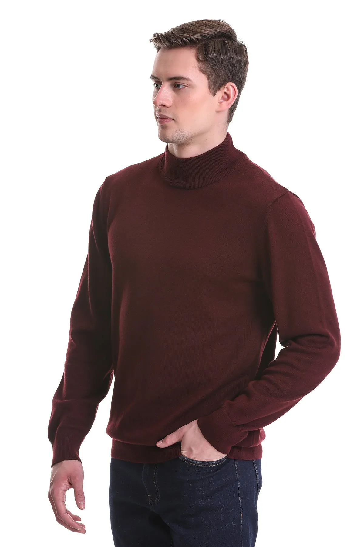 Regular Fit Burgundy Cotton Blend Mock Neck Sweater