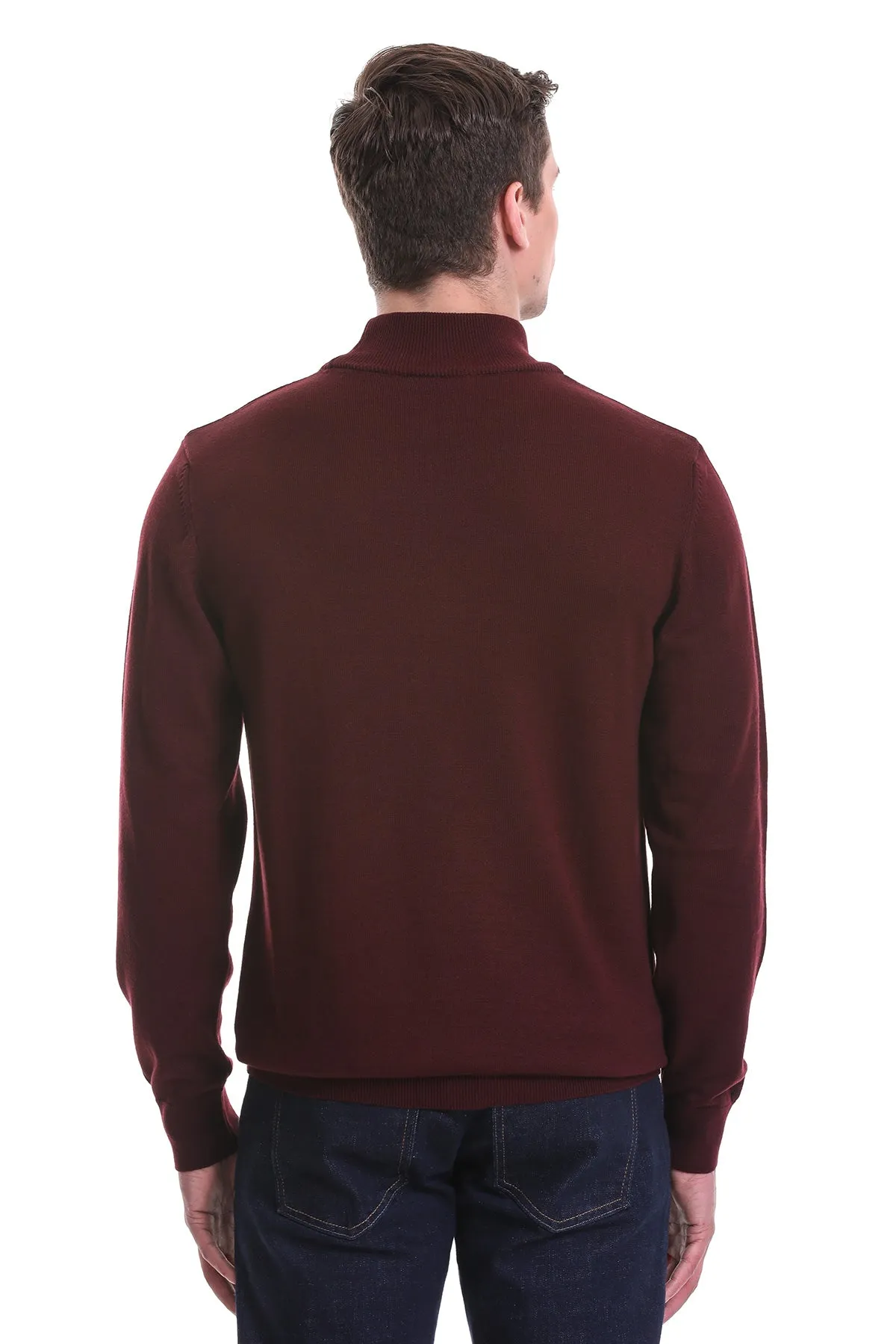 Regular Fit Burgundy Cotton Blend Mock Neck Sweater