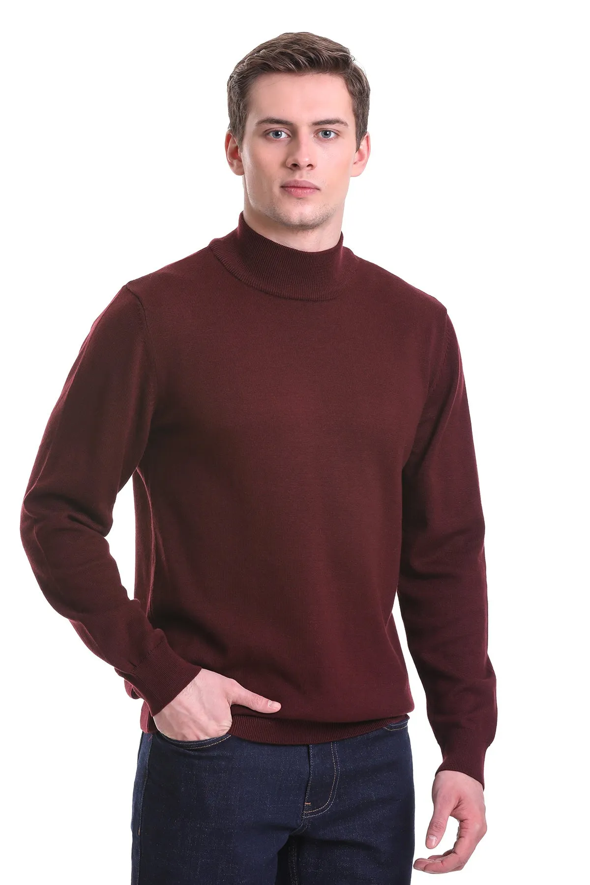 Regular Fit Burgundy Cotton Blend Mock Neck Sweater