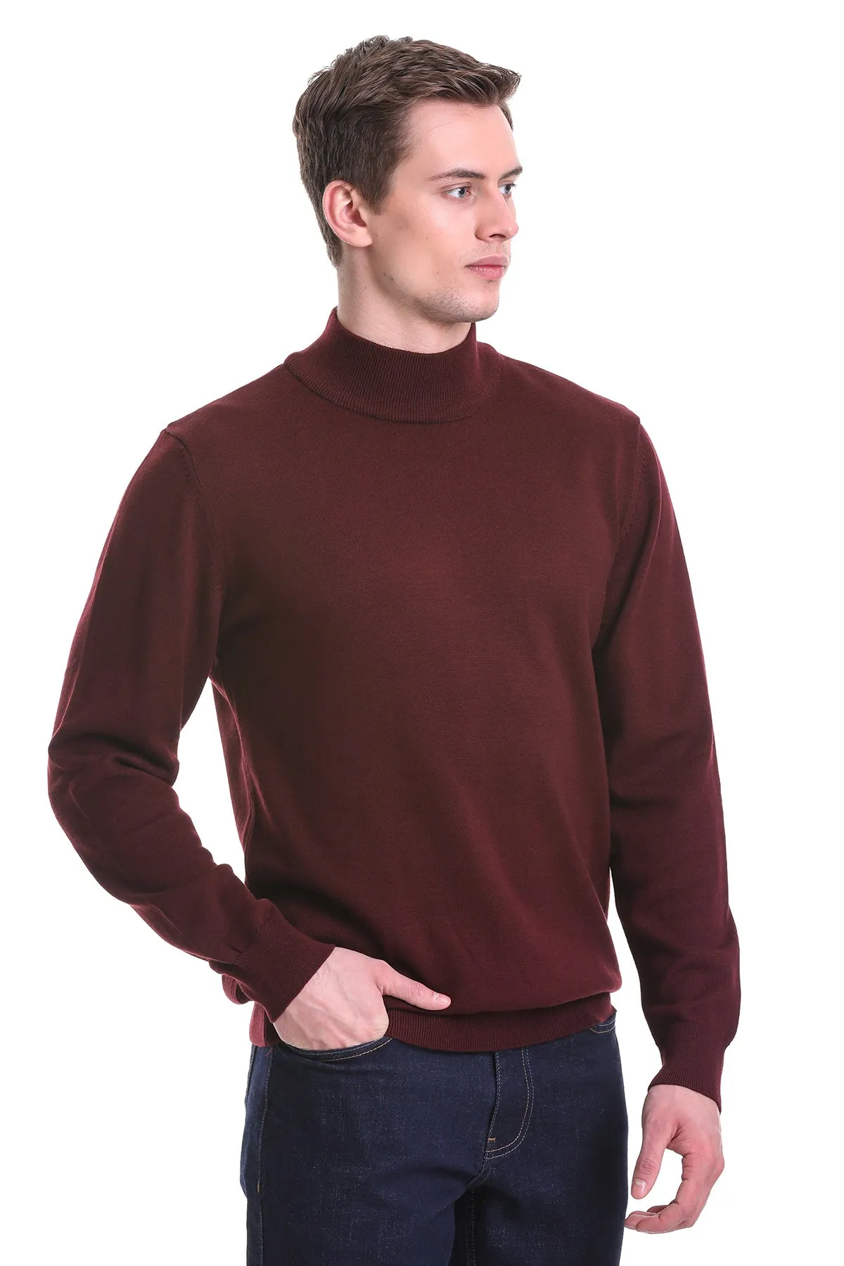 Regular Fit Burgundy Cotton Blend Mock Neck Sweater