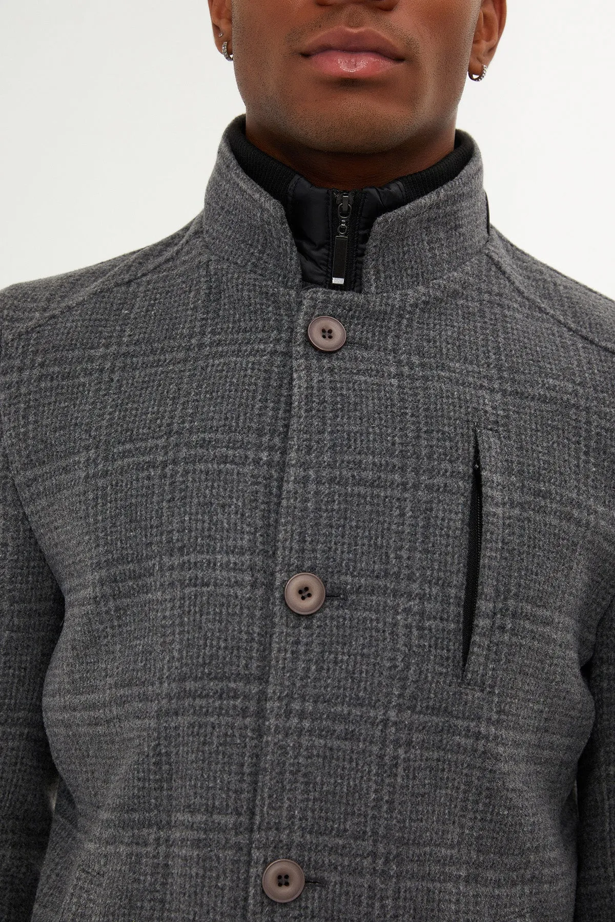 Regular Fit Cachet Stand Collar Wool Blend Gray Overcoat