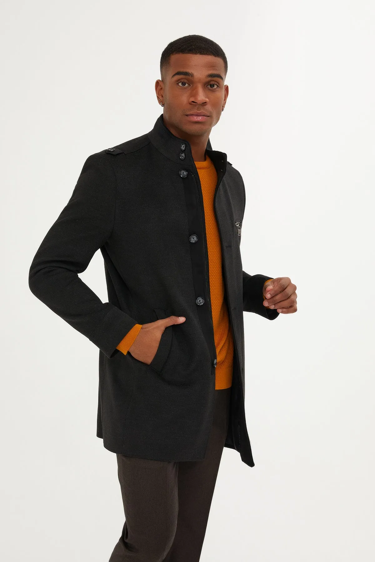 Regular Fit Notch Lapel Brown Overcoat, Charcoal