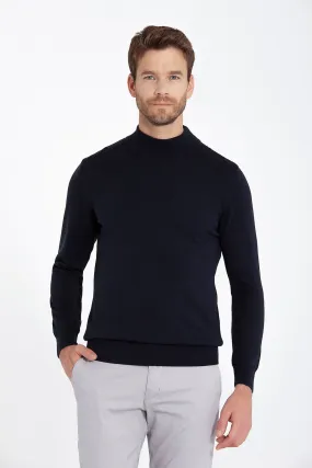 Regular Fit Patterned Cotton Blend Navy Mock Neck Sweater