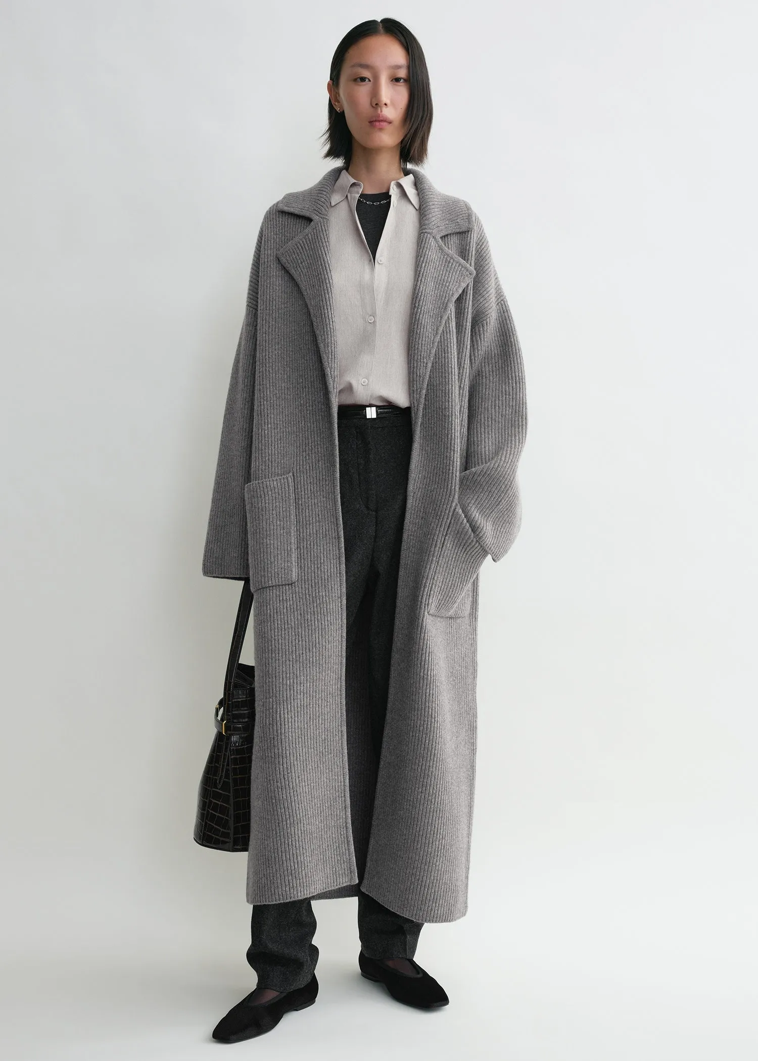 Rib-knit cardi coat grey melange