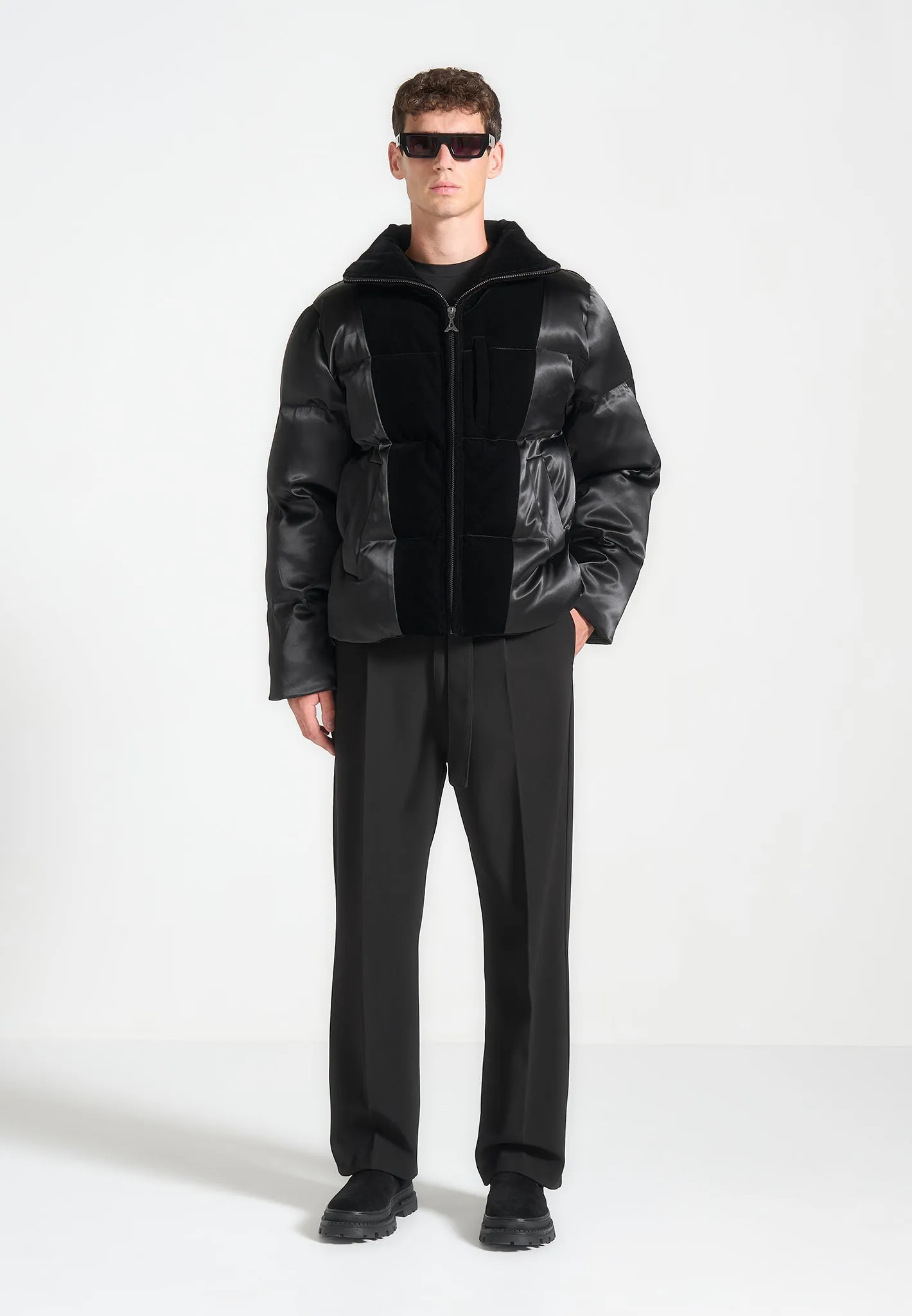 Satin and Velvet Panelled Puffer Jacket - Black