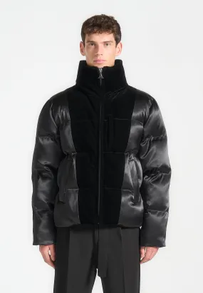 Satin and Velvet Panelled Puffer Jacket - Black