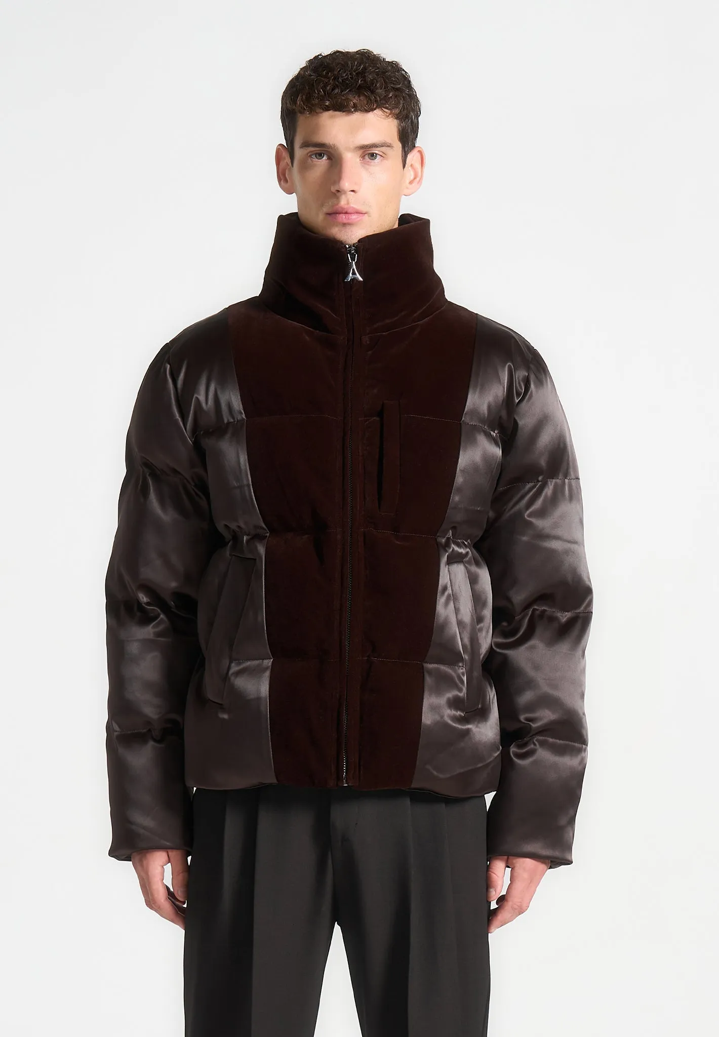 Satin and Velvet Panelled Puffer Jacket - Brown