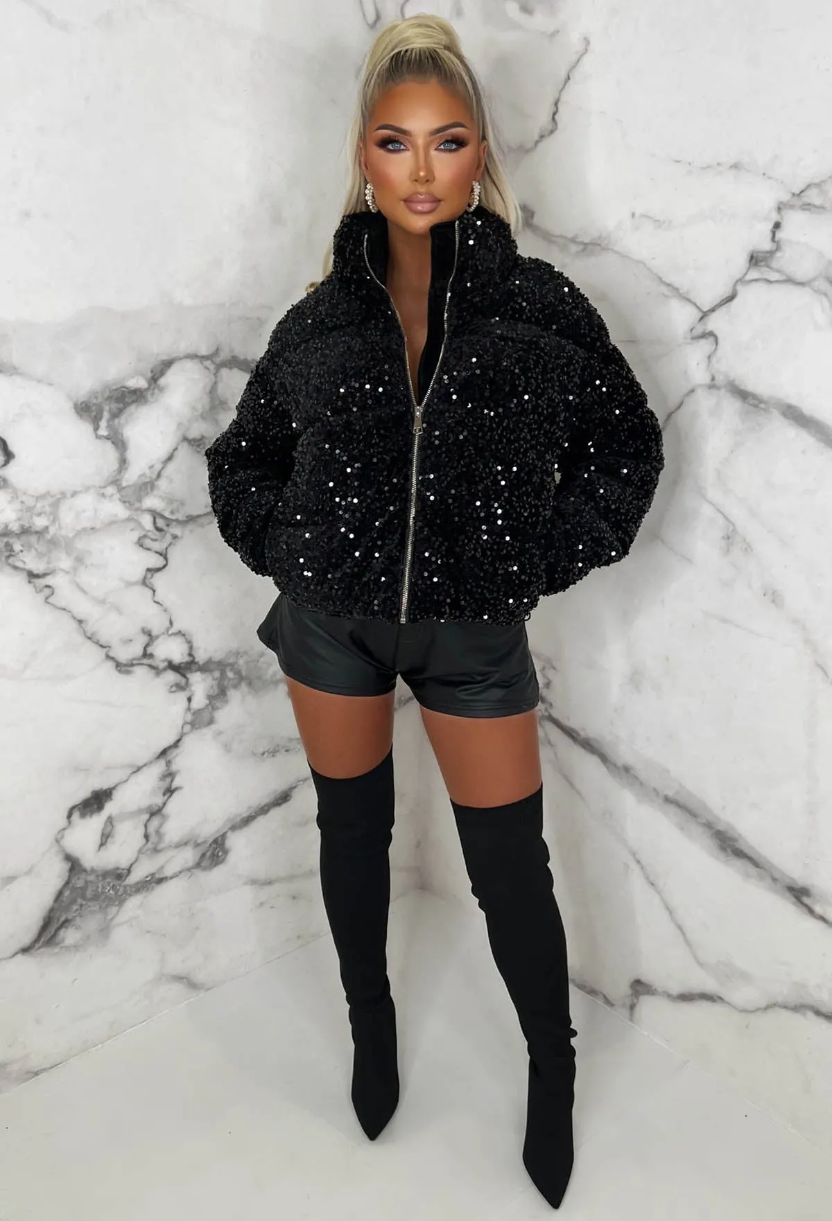 Sequin Storm Black Velvet Sequin Padded Puffer Jacket Limited Edition