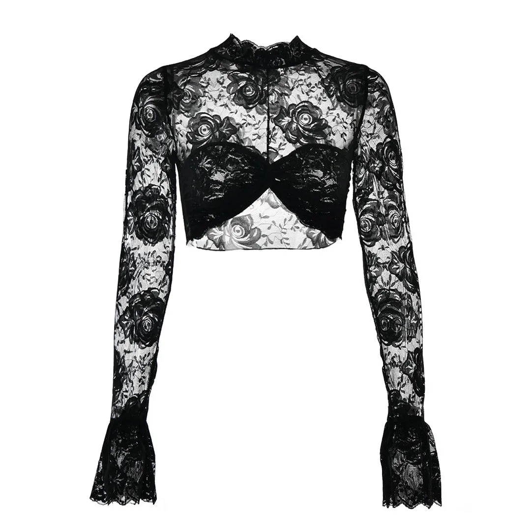 Sexy Ruched Mock Neck Flared Sleeve Flower Sheer Lace Crop Top - Black