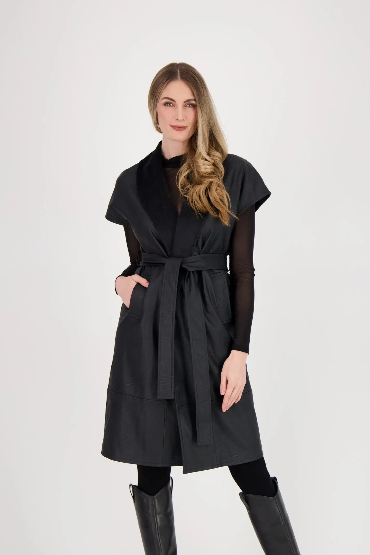 Shawl Collar Faux Leather Wrap Coat