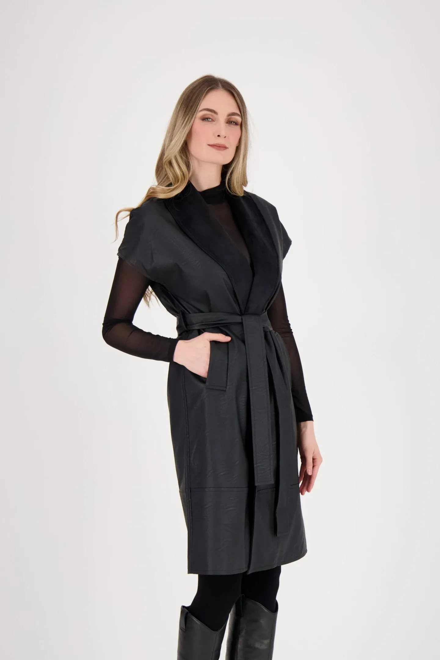 Shawl Collar Faux Leather Wrap Coat