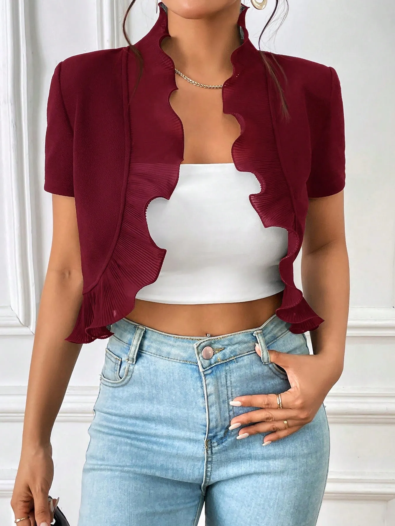 SHEIN Privé Ruffle Trim Open Front Crop Jacket