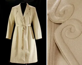 Size 14 Beige Coat - Faux Suede Spring Tailored - Classic 1960s 1970s Large Overcoat & Belt - Scrollwork Details - Hong Kong Label - Bust 40