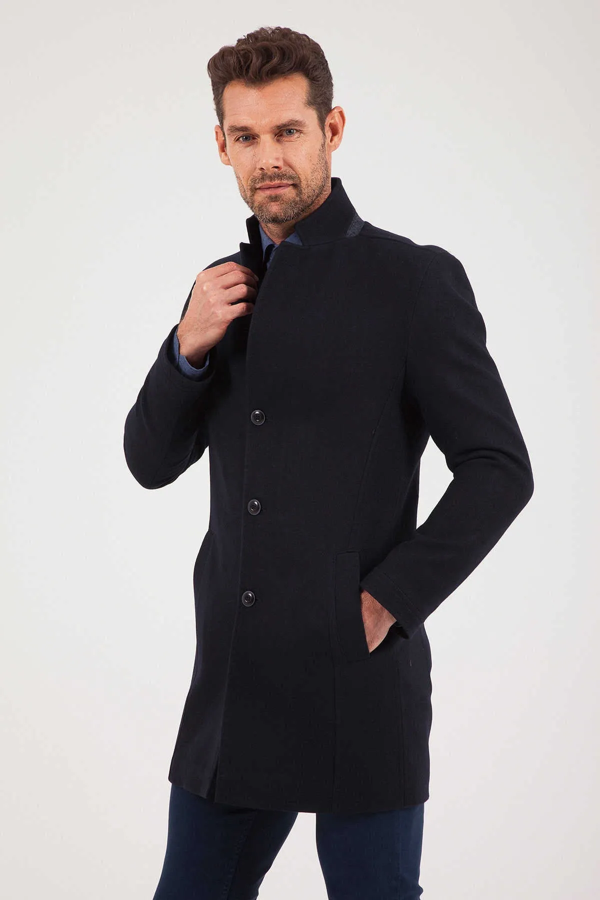 Slim Fit Notch Lapel Wool Blend Dark Navy Overcoat, Dark Navy