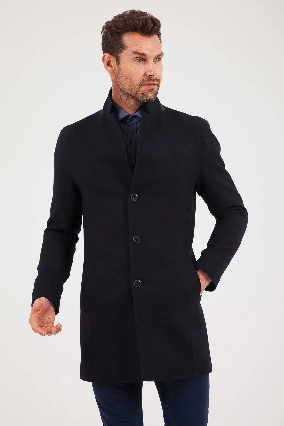 Slim Fit Notch Lapel Wool Blend Dark Navy Overcoat, Dark Navy