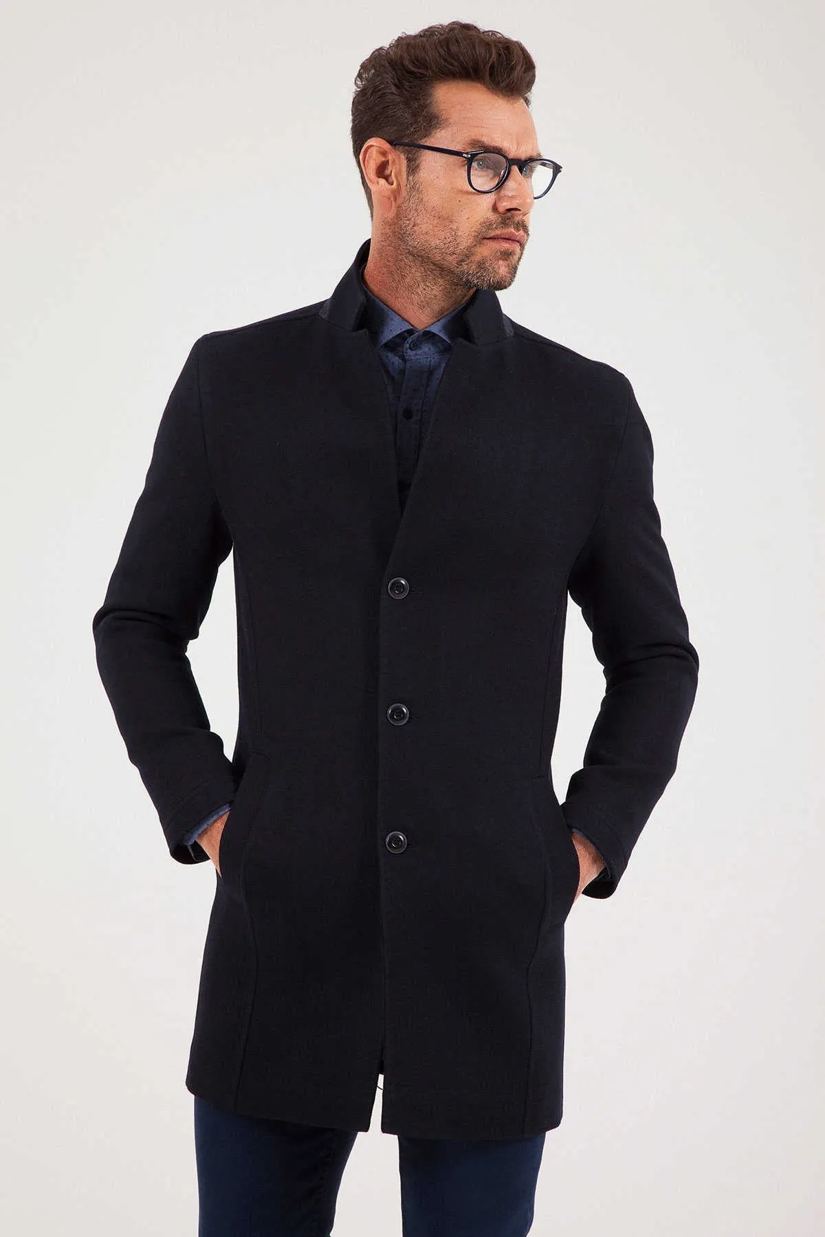 Slim Fit Notch Lapel Wool Blend Dark Navy Overcoat, Dark Navy