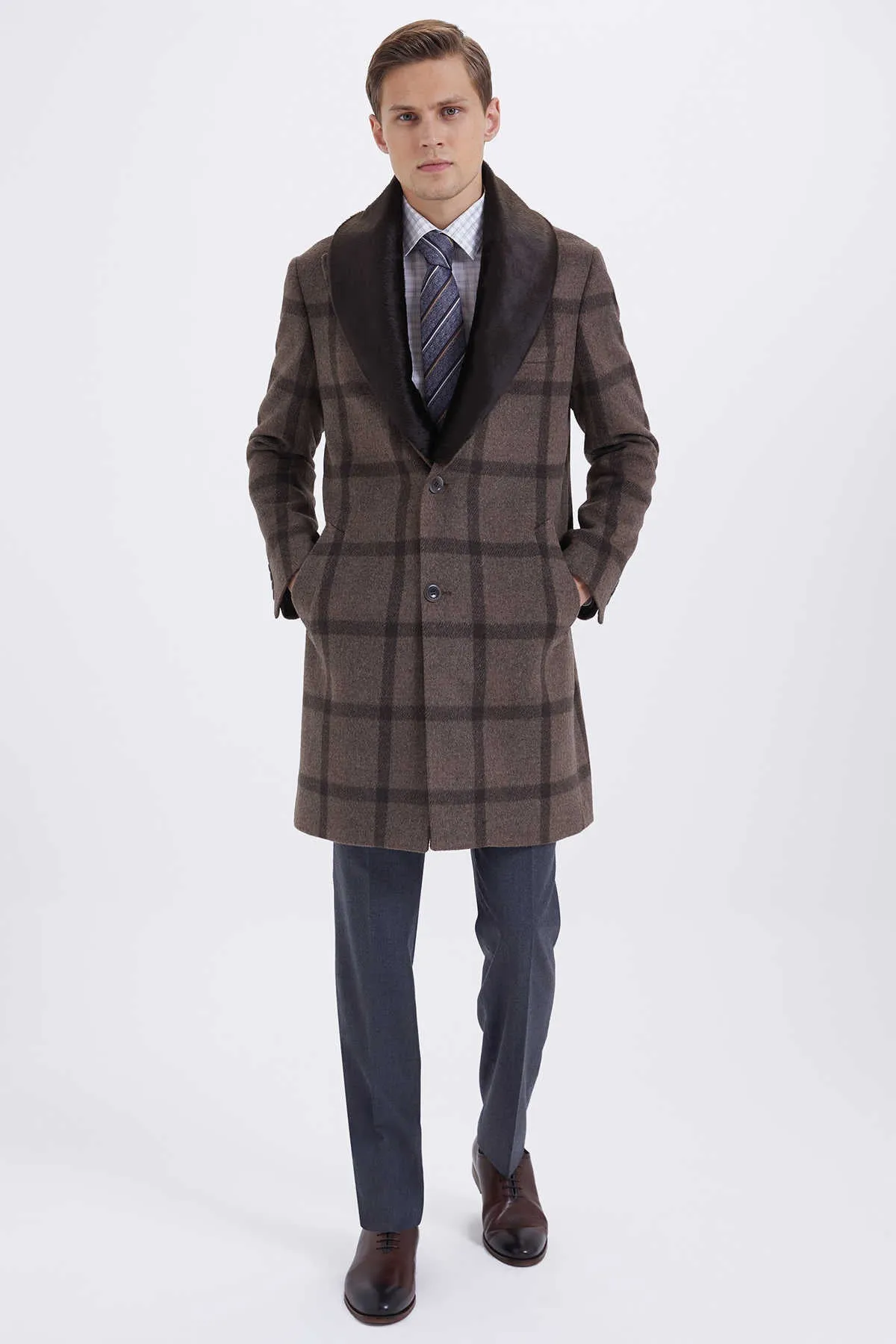 Slim Fit Notch Lapel Wool Brown Overcoat, Brown K.