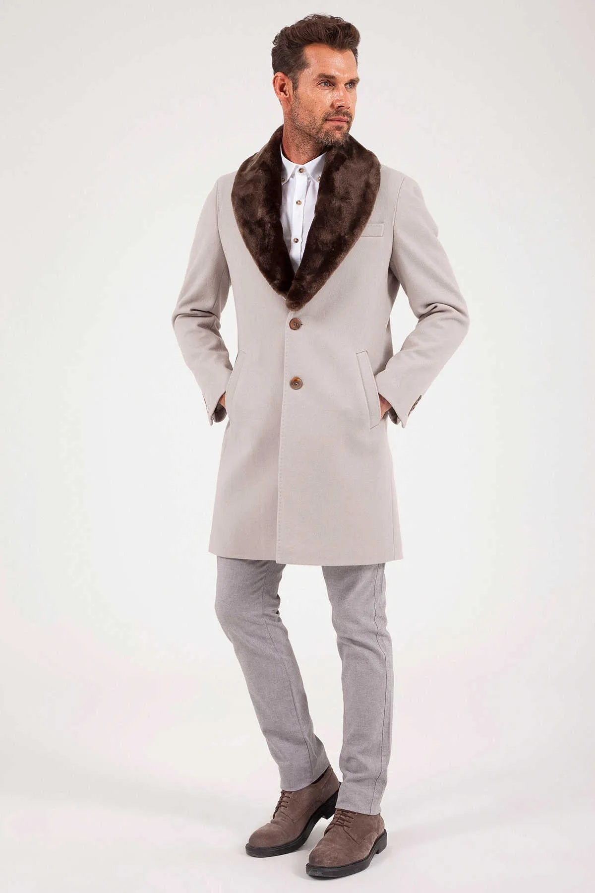 Slim Fit Notch Lapel Wool Light Beige Overcoat, Light Beige