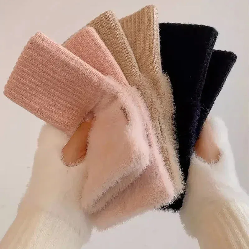 Soft Mink Fleece Fingerless Gloves - Warm Winter Plush Mittens for Women