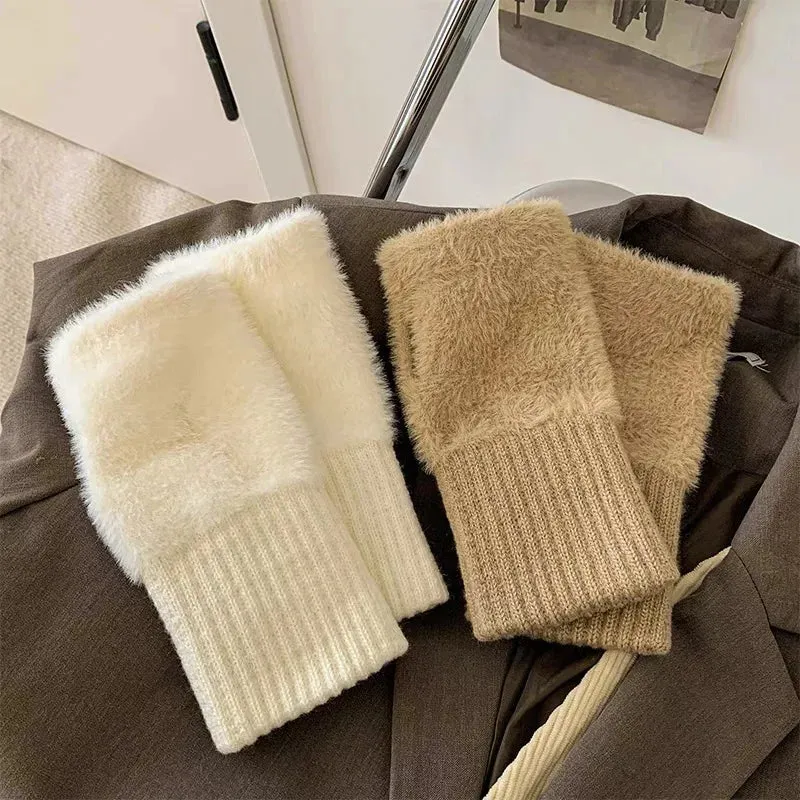 Soft Mink Fleece Fingerless Gloves - Warm Winter Plush Mittens for Women