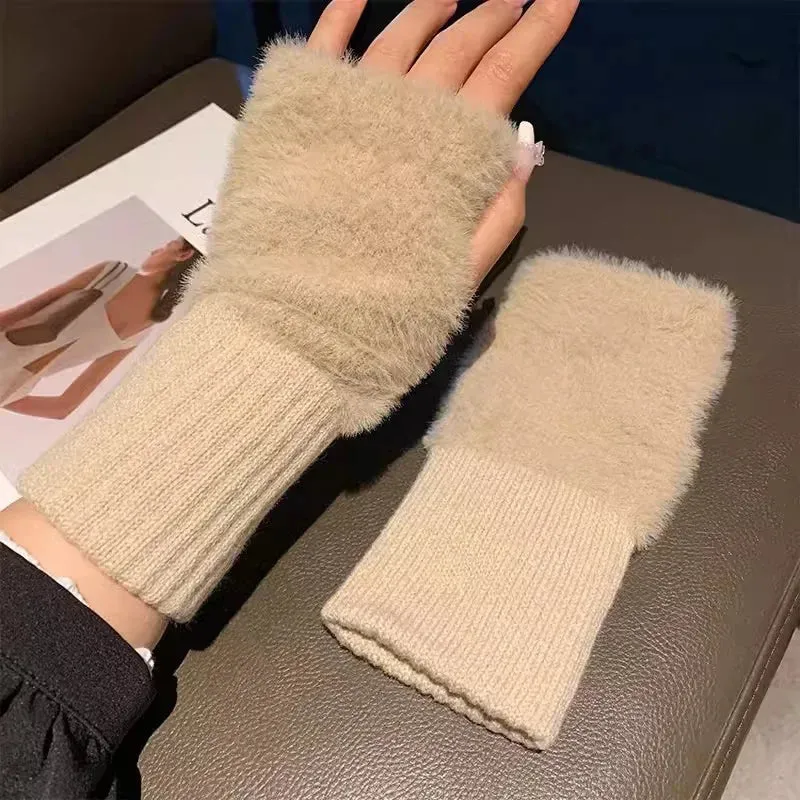 Soft Mink Fleece Fingerless Gloves - Warm Winter Plush Mittens for Women