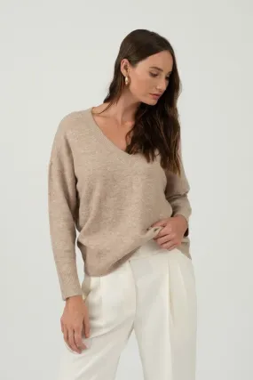 Solid V-Neck Drop Shoulder Knit Sweater