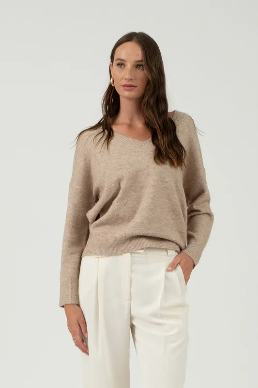 Solid V-Neck Drop Shoulder Knit Sweater