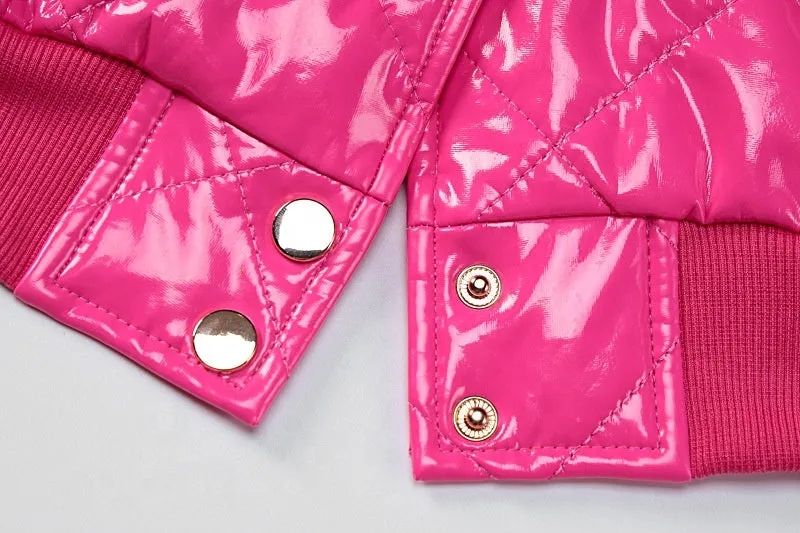 Stylish Winter Fashion Lightweight Cotton Pink Shinny Single Button Leather Jacket