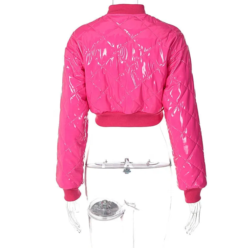 Stylish Winter Fashion Lightweight Cotton Pink Shinny Single Button Leather Jacket