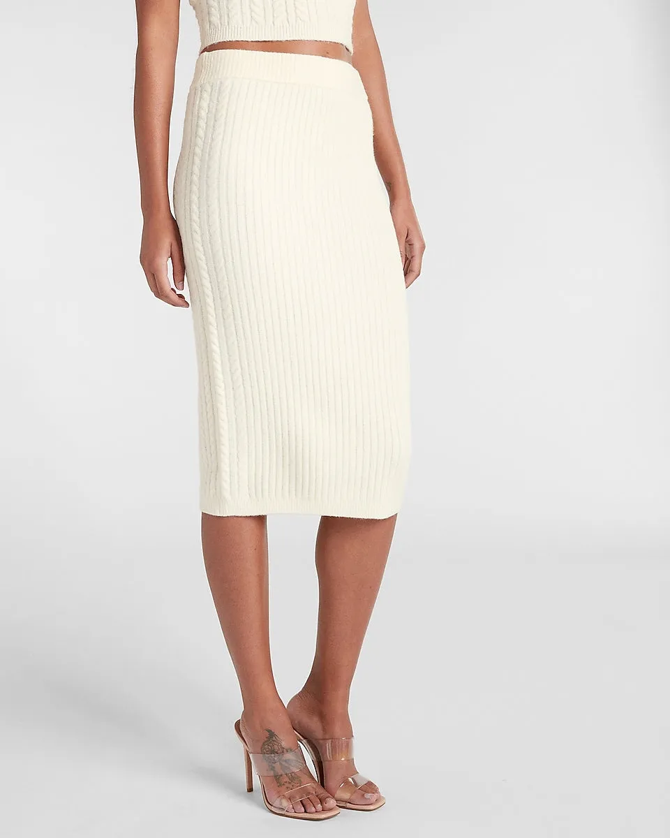 Super High Waisted Cable Knit Sweater Midi Skirt in Swan