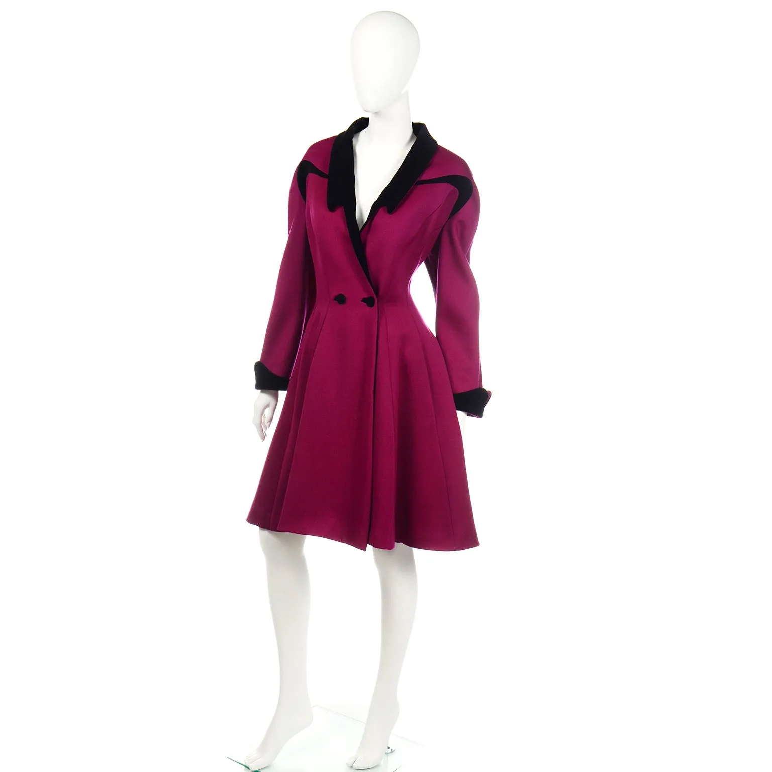 Thierry Mugler Vintage Magenta Pink Princess Coat w Black Velvet Trim