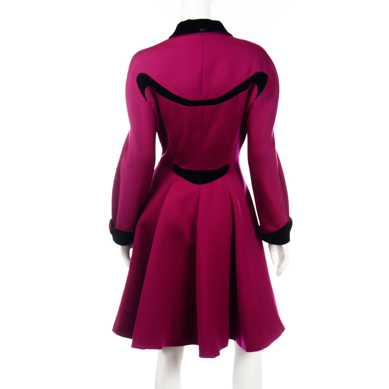 Thierry Mugler Vintage Magenta Pink Princess Coat w Black Velvet Trim